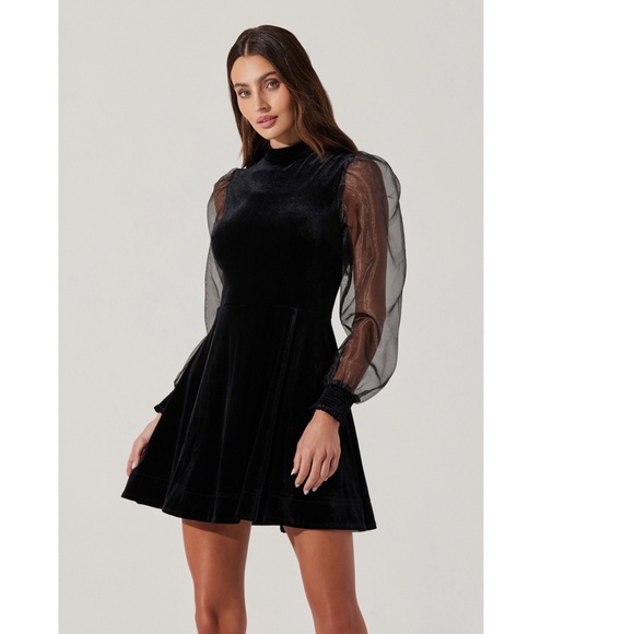 NEW ASTR Black VELVET High Neck SHEER Puff Sleeve COCKTAIL Mini DRESS S - Picture 10 of 16